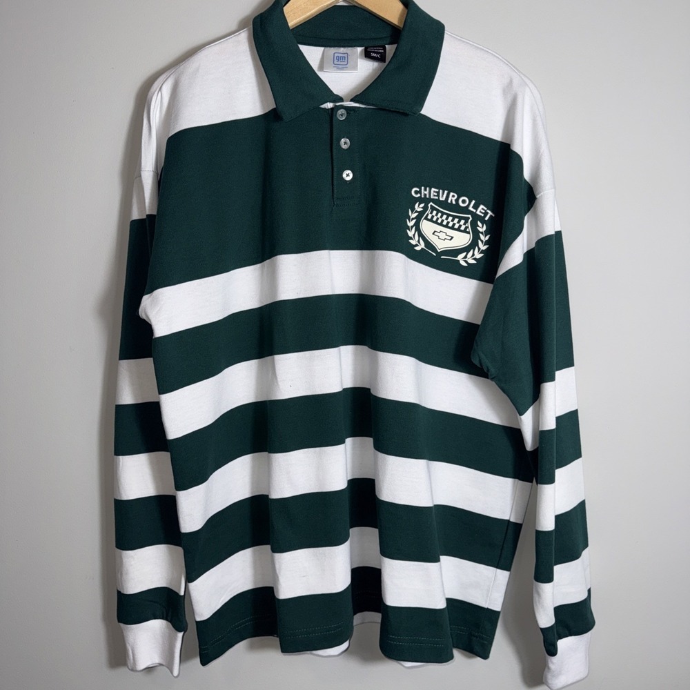 GM Mens Chevrolet Rugby Shirt Long Sleeve Hunter Green White Striped Polo Sz S